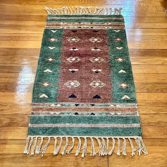 Vintage Tribal-Style Accent Rug – 22”x38” Soft Green & Rust with Fringe - Picture 1 of 10